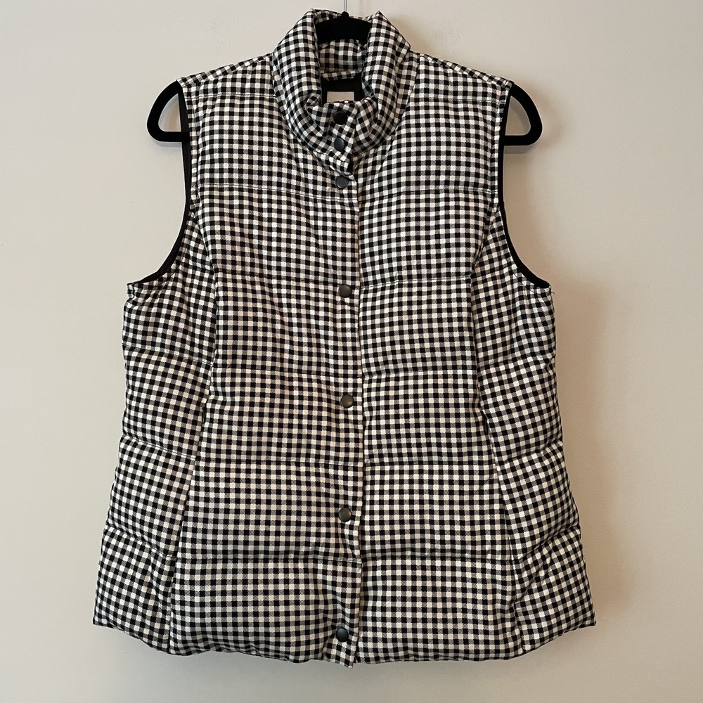 J Jill Down Filled Gingham Puffer Vest Black White Sz M Petite Snap Front Layer